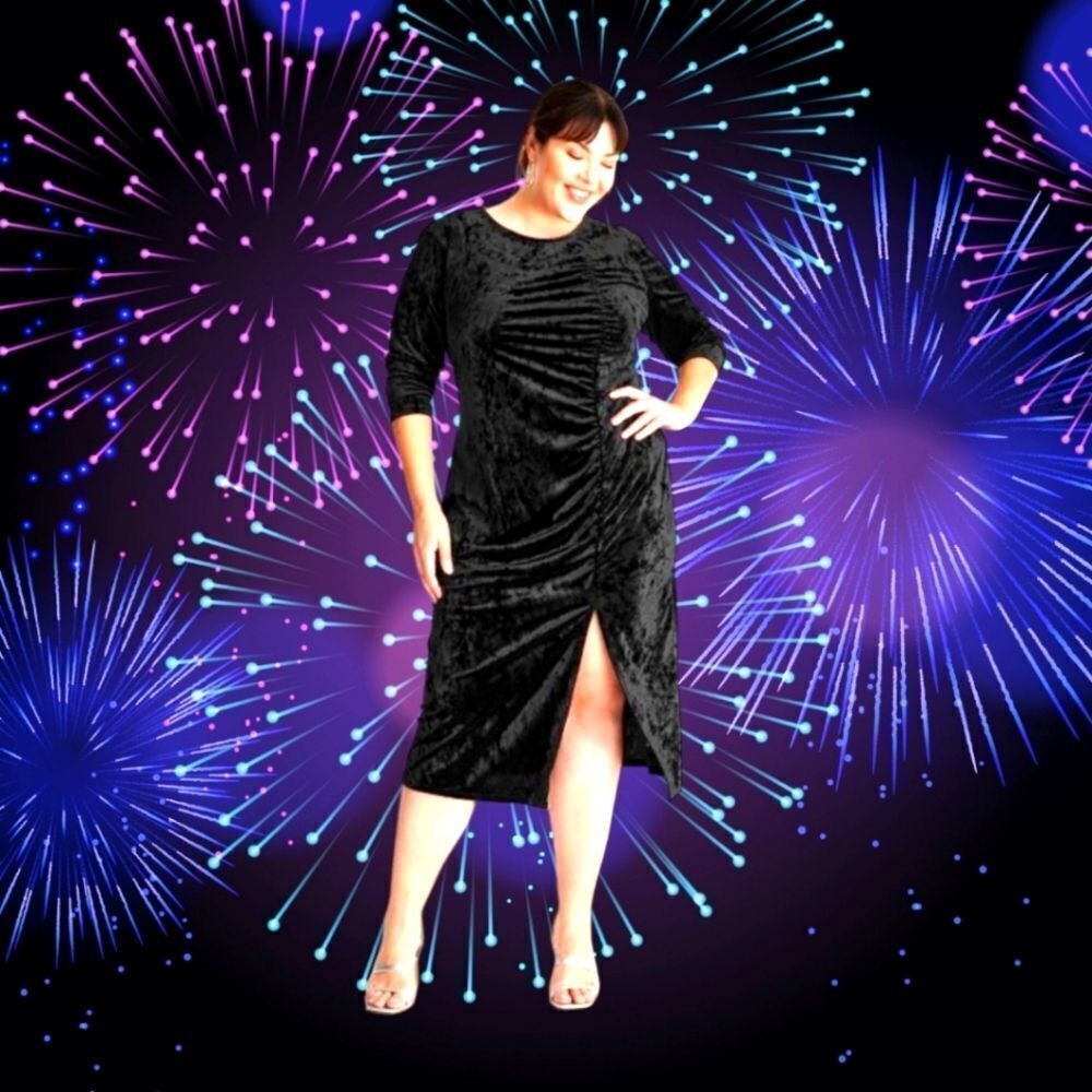 NEW FUTURE COLLECTIVE Plus Size Black Velvet Ruched Open Back A-Line Evening Dre - Picture 12 of 15